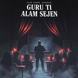 A book cover for a story titled 'GURU TI ALAM SEJEN', featuring a dimly lit classroom filled with shadows and unsettling imagery