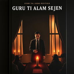 A book cover for a story titled 'GURU TI ALAM SEJEN', featuring a dimly lit classroom filled with shadows and unsettling imagery
