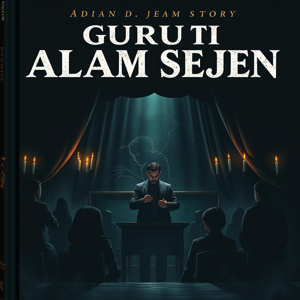 A book cover for a story titled 'GURU TI ALAM SEJEN', featuring a dimly lit classroom filled with shadows and unsettling imagery