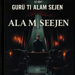 A book cover for a story titled 'GURU TI ALAM SEJEN', featuring a dimly lit classroom filled with shadows and unsettling imagery