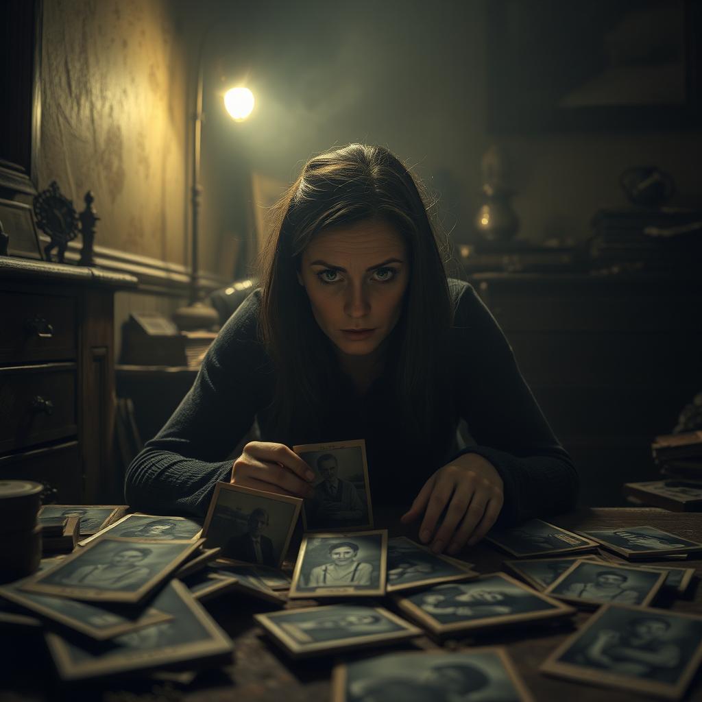 A hyper-realistic scene depicting a woman sitting alone in a dimly lit room, staring intently at a collection of old, dusty photographs scattered around her