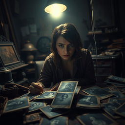 A hyper-realistic scene depicting a woman sitting alone in a dimly lit room, staring intently at a collection of old, dusty photographs scattered around her