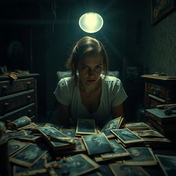 A hyper-realistic scene depicting a woman sitting alone in a dimly lit room, staring intently at a collection of old, dusty photographs scattered around her