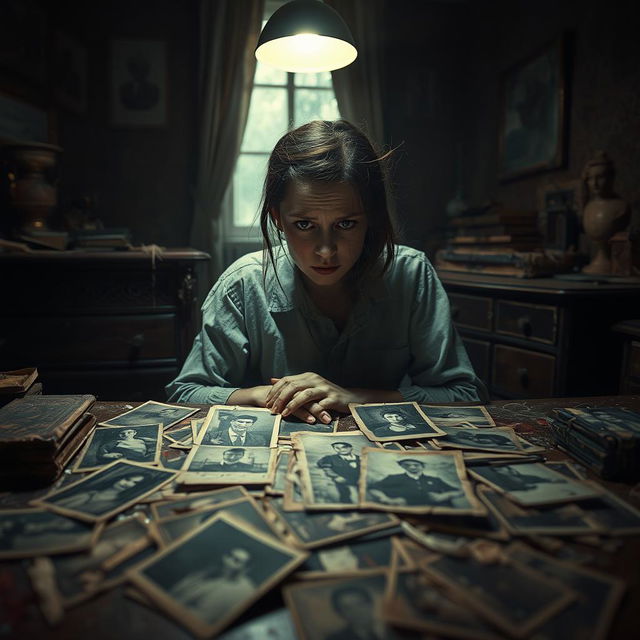 A hyper-realistic scene depicting a woman sitting alone in a dimly lit room, staring intently at a collection of old, dusty photographs scattered around her