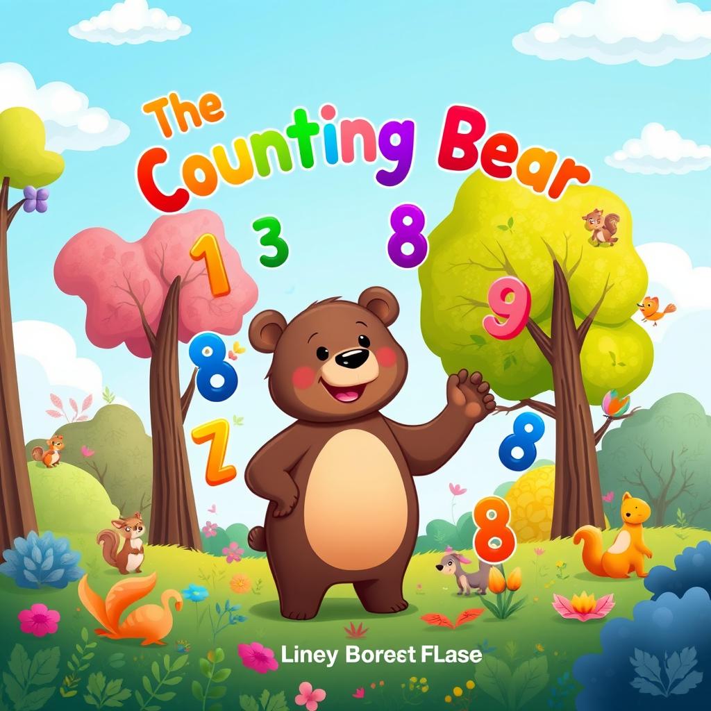 A whimsical and colorful book cover design for 'The Counting Bear'