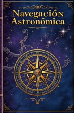 A book cover design for 'Navegación Astronómica' featuring a beautifully illustrated celestial map with stars, constellations, and navigational charts