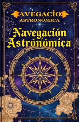 A book cover design for 'Navegación Astronómica' featuring a beautifully illustrated celestial map with stars, constellations, and navigational charts