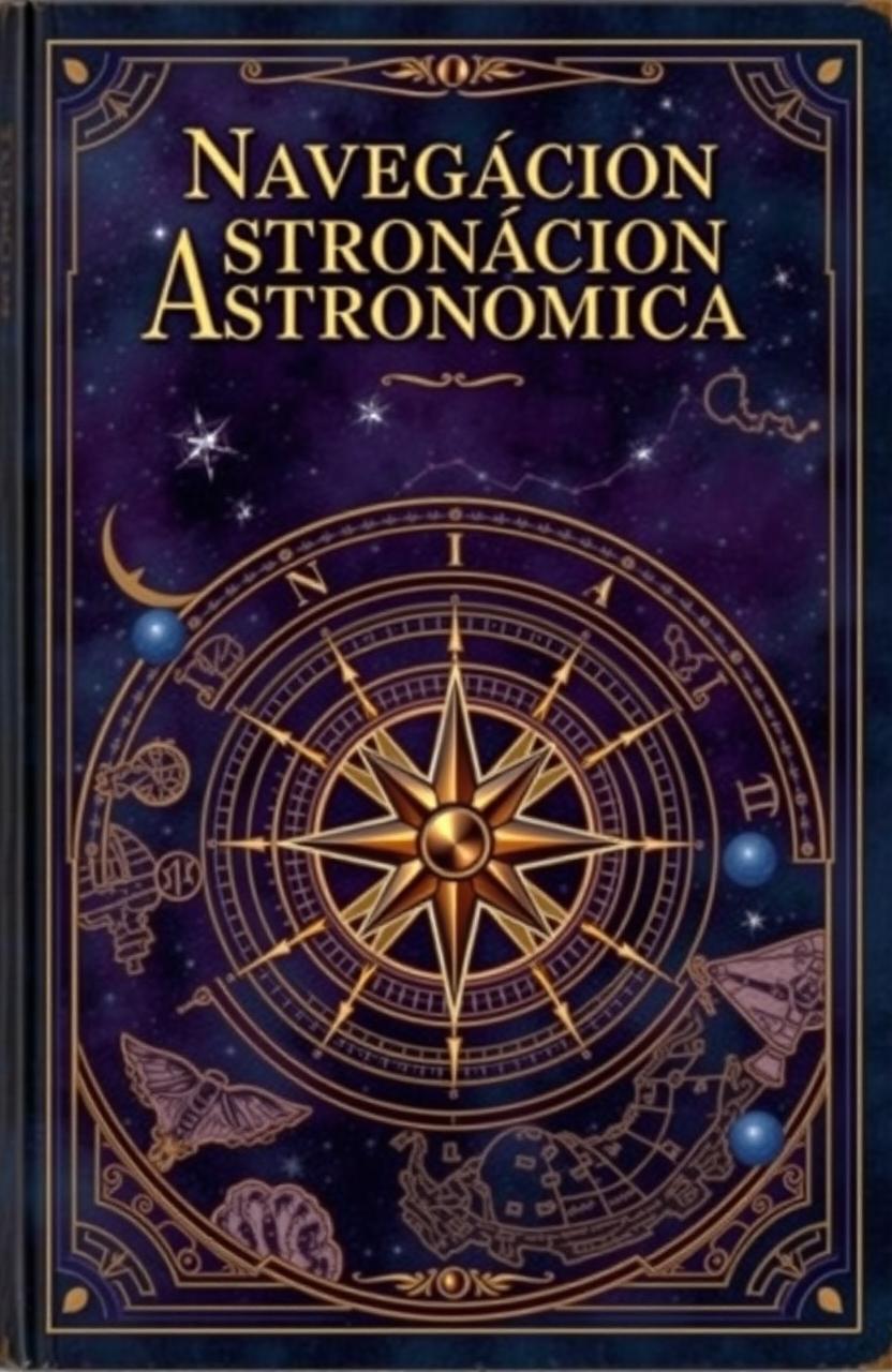 A book cover design for 'Navegación Astronómica' featuring a beautifully illustrated celestial map with stars, constellations, and navigational charts