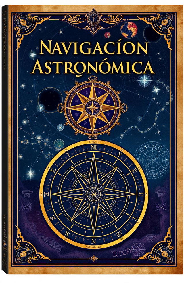 A book cover design for 'Navegación Astronómica' featuring a beautifully illustrated celestial map with stars, constellations, and navigational charts