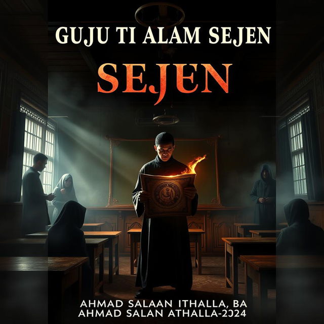 A book cover for a story titled 'GURU TI ALAM SEJEN', set in an Indonesian classroom with a spine-chilling atmosphere