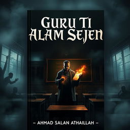 A book cover for a story titled 'GURU TI ALAM SEJEN', set in an Indonesian classroom with a spine-chilling atmosphere