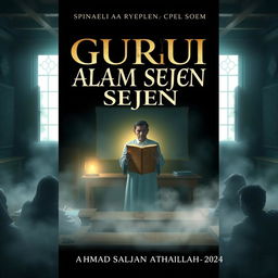 A book cover for a story titled 'GURU TI ALAM SEJEN', set in an Indonesian classroom with a spine-chilling atmosphere