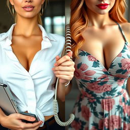 A split screen image featuring two close-up torso shots