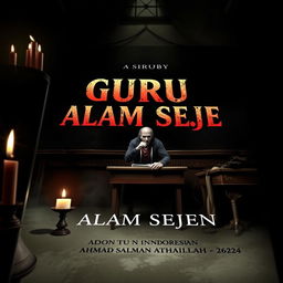 A haunting book cover for the story 'GURU TI ALAM SEJEN', showcasing a sinister classroom scene with dark shadows and flickering candlelight, where a formidable teacher stands with an eerie expression, alongside Indonesian cultural elements; the title is prominently displayed in bold, unsettling typography, with the creator's name 'AHMAD SALMAN ATHAILLAH - 2024' elegantly positioned at the bottom—all designed in a 16:9 aspect ratio