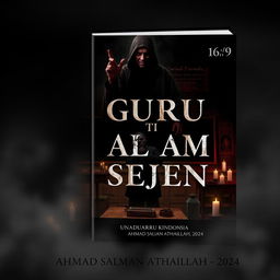 A haunting book cover for the story 'GURU TI ALAM SEJEN', showcasing a sinister classroom scene with dark shadows and flickering candlelight, where a formidable teacher stands with an eerie expression, alongside Indonesian cultural elements; the title is prominently displayed in bold, unsettling typography, with the creator's name 'AHMAD SALMAN ATHAILLAH - 2024' elegantly positioned at the bottom—all designed in a 16:9 aspect ratio