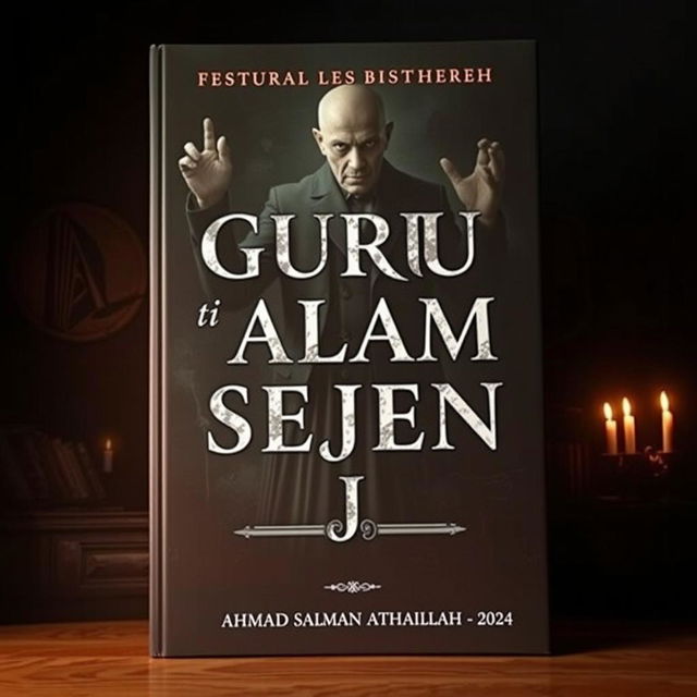 A haunting book cover for the story 'GURU TI ALAM SEJEN', showcasing a sinister classroom scene with dark shadows and flickering candlelight, where a formidable teacher stands with an eerie expression, alongside Indonesian cultural elements; the title is prominently displayed in bold, unsettling typography, with the creator's name 'AHMAD SALMAN ATHAILLAH - 2024' elegantly positioned at the bottom—all designed in a 16:9 aspect ratio