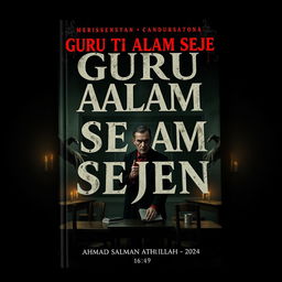 A haunting book cover for the story 'GURU TI ALAM SEJEN', showcasing a sinister classroom scene with dark shadows and flickering candlelight, where a formidable teacher stands with an eerie expression, alongside Indonesian cultural elements; the title is prominently displayed in bold, unsettling typography, with the creator's name 'AHMAD SALMAN ATHAILLAH - 2024' elegantly positioned at the bottom—all designed in a 16:9 aspect ratio