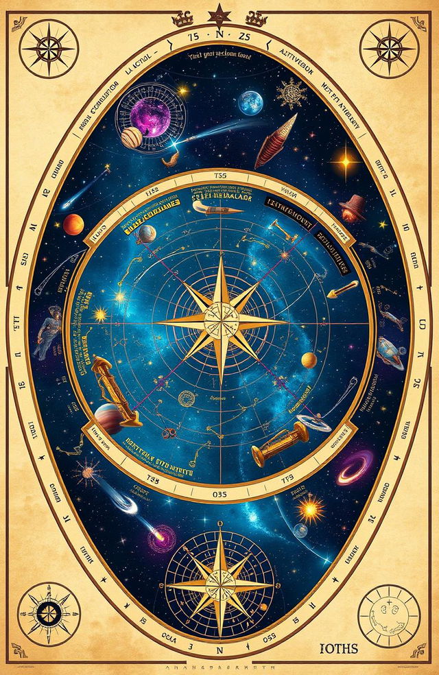 A beautiful astronomy navigation chart depicting constellations, stars, and celestial bodies