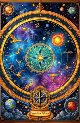 A beautiful astronomy navigation chart depicting constellations, stars, and celestial bodies