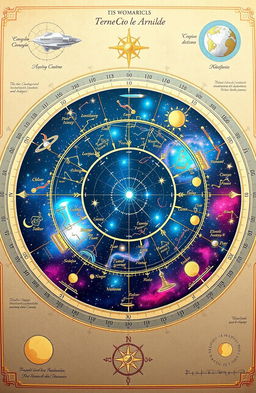 A beautiful astronomy navigation chart depicting constellations, stars, and celestial bodies