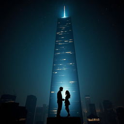 A tall skyscraper at night, featuring a dramatic single light illuminated from a window