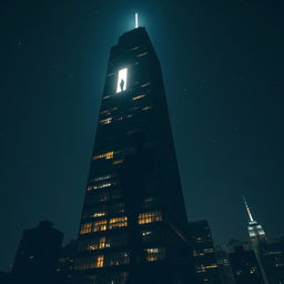 A tall skyscraper at night, featuring a dramatic single light illuminated from a window