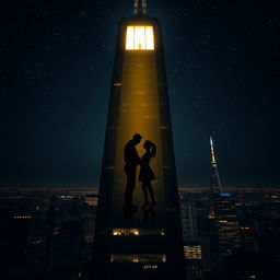 A tall skyscraper at night, featuring a dramatic single light illuminated from a window