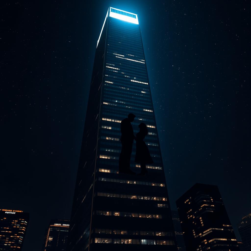 A tall skyscraper at night, featuring a dramatic single light illuminated from a window