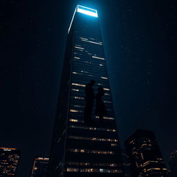 A tall skyscraper at night, featuring a dramatic single light illuminated from a window