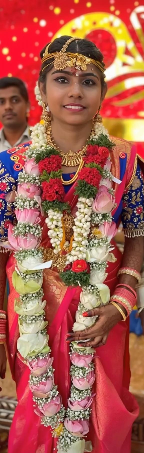 A vibrant and colorful scene depicting a traditional Indian wedding celebration, focusing on a beautifully adorned bride wearing an intricate pink and blue saree with ornate gold jewelry