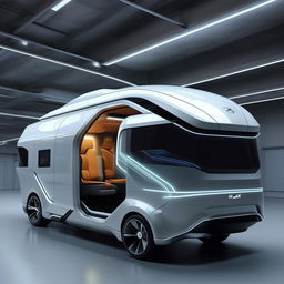 A futuristic van exhibiting state-of-the-art technology, aesthetically sleek, with a progressive, modern design.