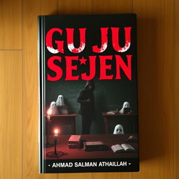 A chilling book cover for the story 'GURU TI ALAM SEJEN', featuring a dark, eerie classroom infused with Indonesian elements