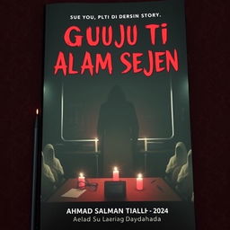 A chilling book cover for the story 'GURU TI ALAM SEJEN', featuring a dark, eerie classroom infused with Indonesian elements