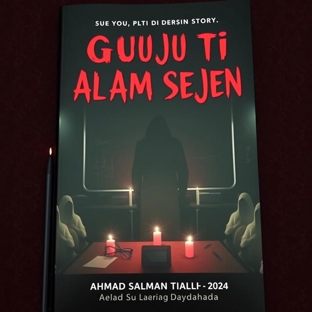 A chilling book cover for the story 'GURU TI ALAM SEJEN', featuring a dark, eerie classroom infused with Indonesian elements