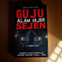 A chilling book cover for the story 'GURU TI ALAM SEJEN', featuring a dark, eerie classroom infused with Indonesian elements