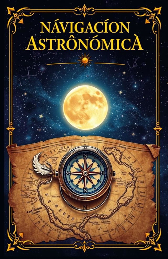 An intricate and beautiful book cover design for 'Navegación Astronómica'