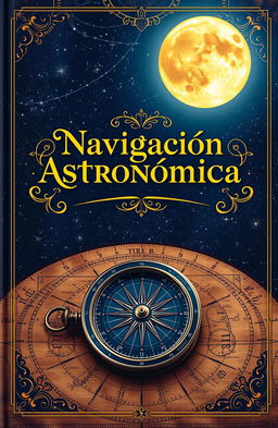 An intricate and beautiful book cover design for 'Navegación Astronómica'