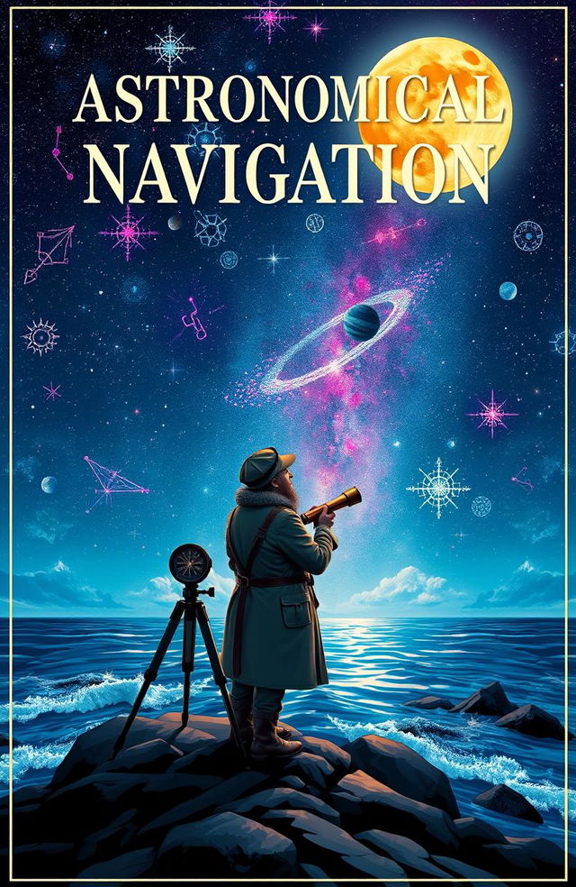 A stunning cover for an "Astronomical Navigation" theme, featuring a starry night sky filled with vibrant constellations, planets, and a glowing full moon