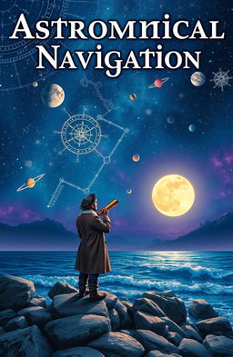 A stunning cover for an "Astronomical Navigation" theme, featuring a starry night sky filled with vibrant constellations, planets, and a glowing full moon