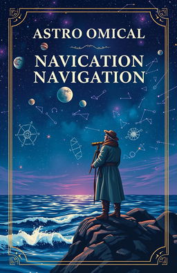 A stunning cover for an "Astronomical Navigation" theme, featuring a starry night sky filled with vibrant constellations, planets, and a glowing full moon
