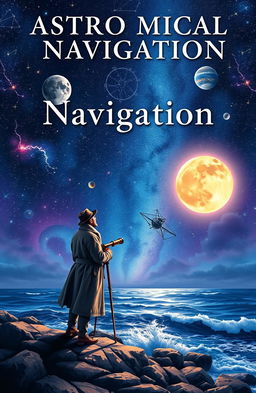 A stunning cover for an "Astronomical Navigation" theme, featuring a starry night sky filled with vibrant constellations, planets, and a glowing full moon