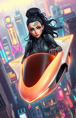 A striking scene featuring a robot woman with a half-tattooed face, showcasing intricate designs that blend technology and art