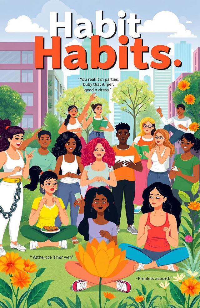 A visually striking representation of the concept of habits and their transformative power, featuring a diverse group of individuals engaged in various positive habits such as exercising, cooking healthy meals, reading, meditating, and practicing mindfulness in a vibrant urban setting