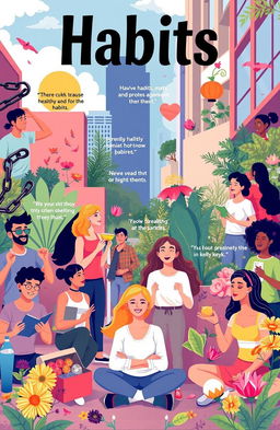 A visually striking representation of the concept of habits and their transformative power, featuring a diverse group of individuals engaged in various positive habits such as exercising, cooking healthy meals, reading, meditating, and practicing mindfulness in a vibrant urban setting
