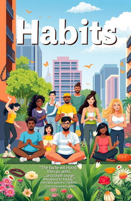 A visually striking representation of the concept of habits and their transformative power, featuring a diverse group of individuals engaged in various positive habits such as exercising, cooking healthy meals, reading, meditating, and practicing mindfulness in a vibrant urban setting