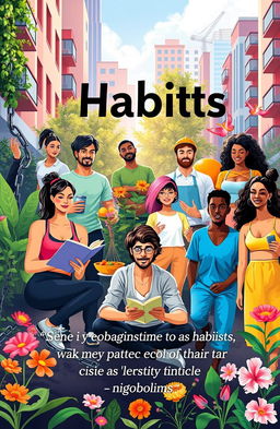 A visually striking representation of the concept of habits and their transformative power, featuring a diverse group of individuals engaged in various positive habits such as exercising, cooking healthy meals, reading, meditating, and practicing mindfulness in a vibrant urban setting
