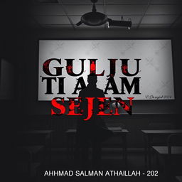 A captivating cover for the story 'GURU TI ALAM SEJEN', set in a chilling classroom filled with foreboding shadows and an unsettling ambiance, where a mysterious teacher stands ominously, complemented by Indonesian motifs; the title is strikingly presented in bold black and red letters against a white backdrop, with the creator's name 'AHMAD SALMAN ATHAILLAH - 2024' elegantly inscribed at the bottom, all harmonized in a stark black, red, and white color palette