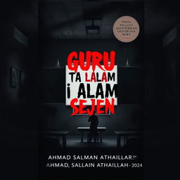 A captivating cover for the story 'GURU TI ALAM SEJEN', set in a chilling classroom filled with foreboding shadows and an unsettling ambiance, where a mysterious teacher stands ominously, complemented by Indonesian motifs; the title is strikingly presented in bold black and red letters against a white backdrop, with the creator's name 'AHMAD SALMAN ATHAILLAH - 2024' elegantly inscribed at the bottom, all harmonized in a stark black, red, and white color palette