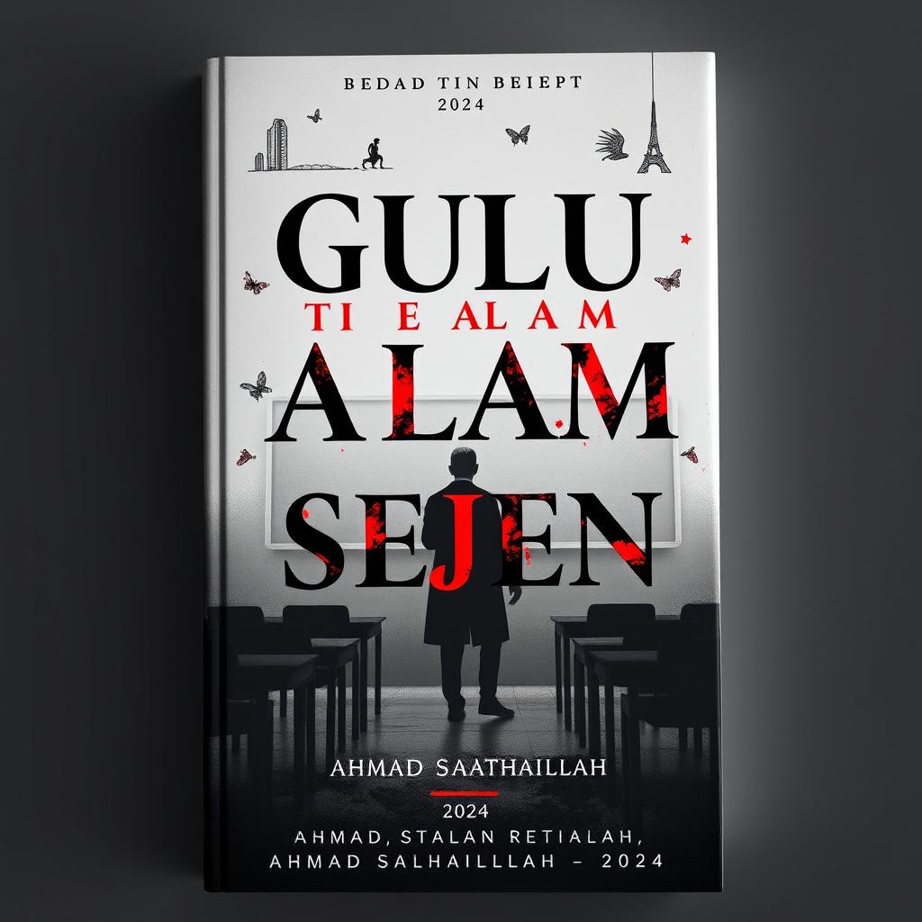 A captivating cover for the story 'GURU TI ALAM SEJEN', set in a chilling classroom filled with foreboding shadows and an unsettling ambiance, where a mysterious teacher stands ominously, complemented by Indonesian motifs; the title is strikingly presented in bold black and red letters against a white backdrop, with the creator's name 'AHMAD SALMAN ATHAILLAH - 2024' elegantly inscribed at the bottom, all harmonized in a stark black, red, and white color palette