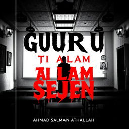 A captivating cover for the story 'GURU TI ALAM SEJEN', set in a chilling classroom filled with foreboding shadows and an unsettling ambiance, where a mysterious teacher stands ominously, complemented by Indonesian motifs; the title is strikingly presented in bold black and red letters against a white backdrop, with the creator's name 'AHMAD SALMAN ATHAILLAH - 2024' elegantly inscribed at the bottom, all harmonized in a stark black, red, and white color palette